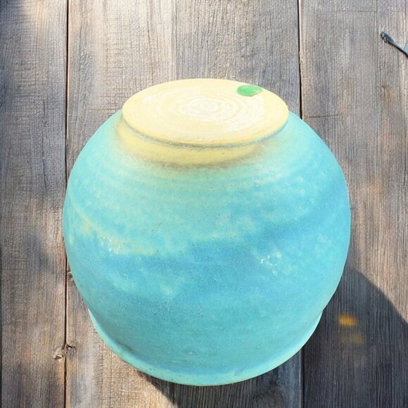 Vintage Turquoise Glaze Pottery Stoneware Dish Bowl Planter Flower Pot Signed - Picture 2 of 12